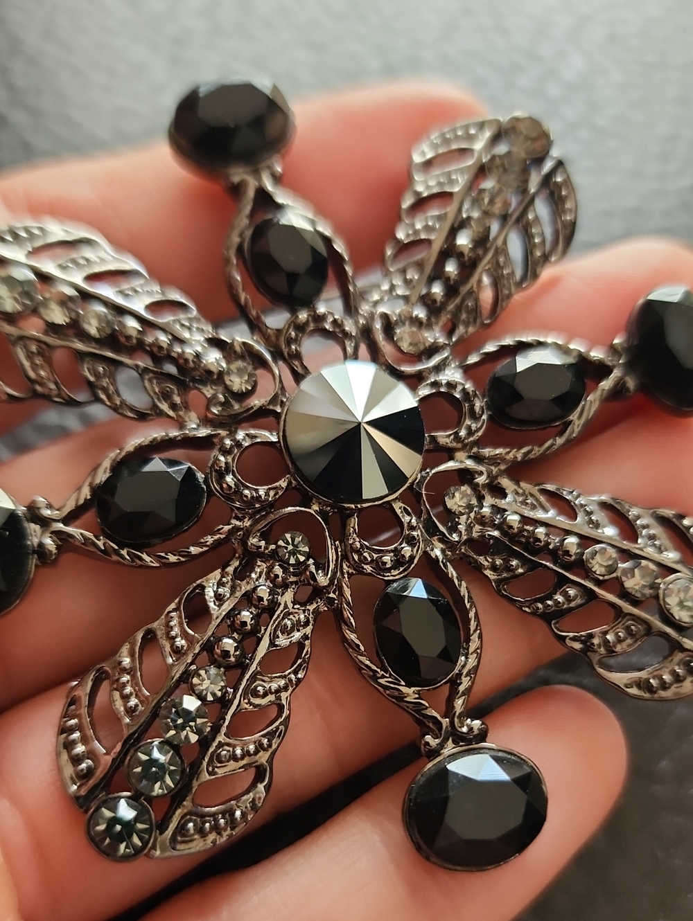 Elegant Black Crystal Floral Brooch